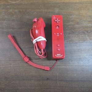 Red Nintendo Wii Mote Remote & Nunchuk Controller Motion Plus Mario Anniversary